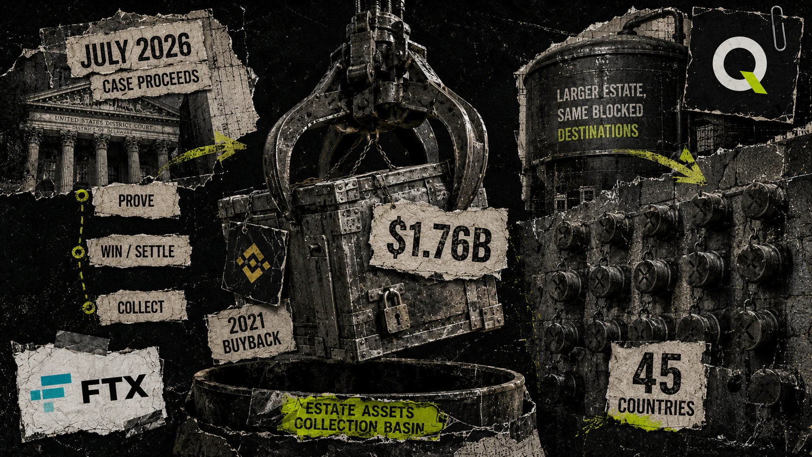 A dark editorial collage: a US courthouse marked "July 2026, case proceeds" on the left, a mechanical claw gripping a locked chest labelled $1.76B in the centre, and on the right a tank reading "larger estate, same blocked destinations" feeding a wall of closed valves tagged 45 countries.