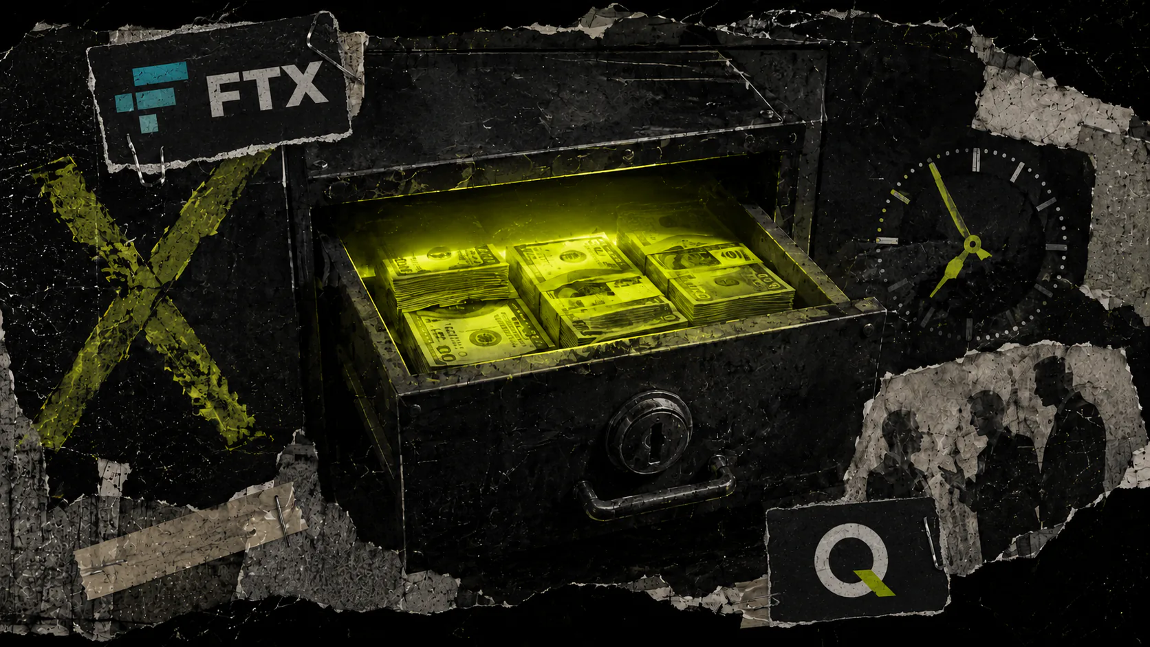 An open safe holding banknotes beside a clock and crossed marks, illustrating uncertainty around a disputed FTX claim.