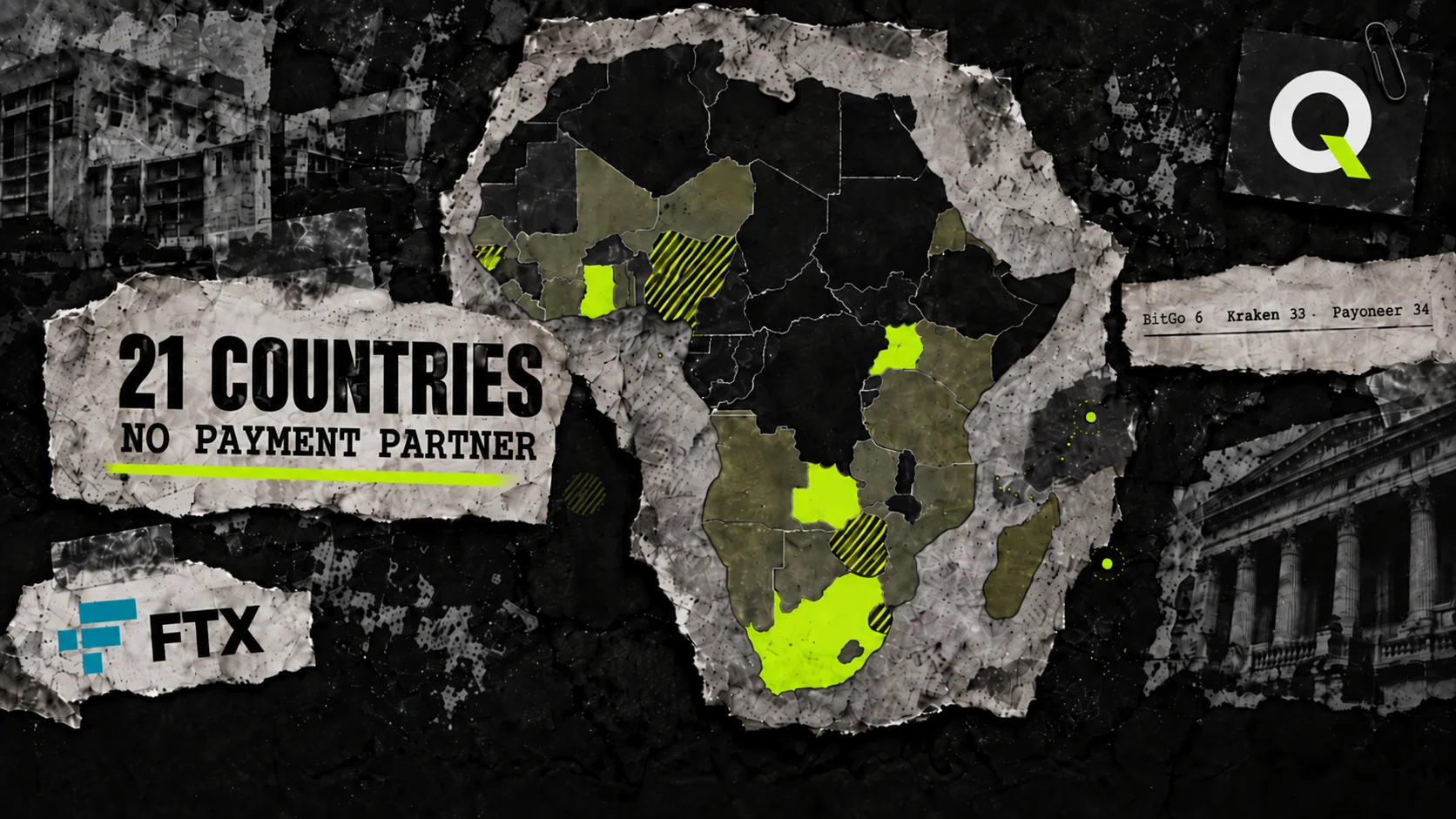 Dark collage of Africa shaded by payout access: twenty-one countries unlit, most of the rest in dim lime, six in bright lime, and Nigeria flickering on a single provider.