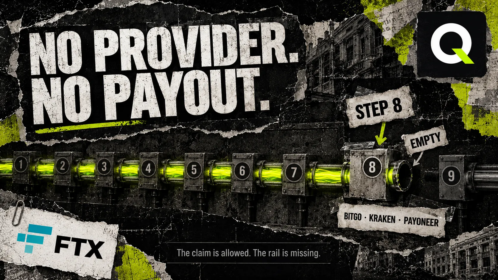 Pipeline of nine numbered portal steps: the flow stops at Step 8, marked EMPTY, under the words NO PROVIDER. NO PAYOUT.
